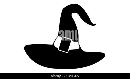 Hexenhut schwarz isoliert mit weißem Hintergrund. Kostenlose Illustration zum Drucken. Abbildung. Halloween-Silhouette. Stockfoto