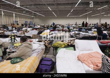 Temporärer Schlafbereich mit Campingbetten und Matratzen für Menschen im ehemaligen Einkaufszentrum. Das temporäre Zentrum für humanitäre Hilfe in Przemysl, einer Stadt 10km aus der Ukraine und dem Grenzübergang Medyka Shehyni. Das humanitäre Zentrum war ein ehemaliges Einkaufszentrum, das von Freiwilligen, Wohltätigkeitsorganisationen, NGOs, den lokalen Behörden und den polnischen Streitkräften in das größte Hilfszentrum der Region umgewandelt wurde. Ukrainische Flüchtlinge können Unterkunft, Schlaf, medizinische Hilfe, Nahrung finden, sich registrieren und ihren Transport für die Umsiedlung nach Europa oder Polen organisieren. Nach Angaben der UN - UNHCR mehr als 3,3 m Stockfoto