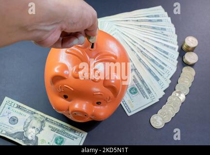 Hand Einzahlung von Münzen in einem Sparschwein. 20-Dollar-Scheine und Münzen. Sparkonzept Stockfoto