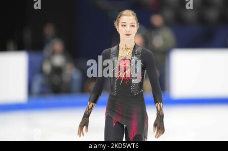 Olga Mikutina aus Österreich während des Frauen-Kurzprogramms in der Sud de France Arena, Montpellier, Frankreich, am 23. März 2022. (Foto von Ulrik Pedersen/NurPhoto) Stockfoto