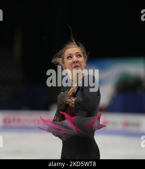 Olga Mikutina aus Österreich während des Frauen-Kurzprogramms in der Sud de France Arena, Montpellier, Frankreich, am 23. März 2022. (Foto von Ulrik Pedersen/NurPhoto) Stockfoto