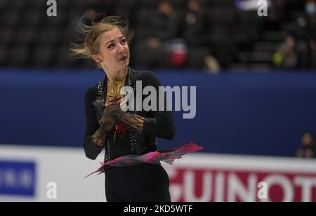 Olga Mikutina aus Österreich während des Frauen-Kurzprogramms in der Sud de France Arena, Montpellier, Frankreich, am 23. März 2022. (Foto von Ulrik Pedersen/NurPhoto) Stockfoto