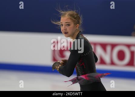 Olga Mikutina aus Österreich während des Frauen-Kurzprogramms in der Sud de France Arena, Montpellier, Frankreich, am 23. März 2022. (Foto von Ulrik Pedersen/NurPhoto) Stockfoto