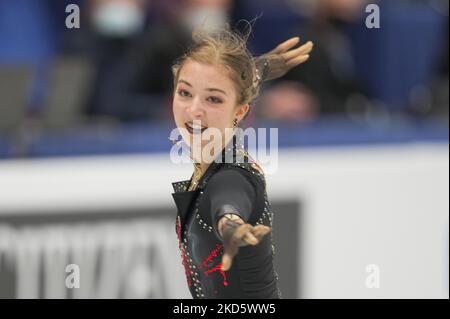 Olga Mikutina aus Österreich während des Frauen-Kurzprogramms in der Sud de France Arena, Montpellier, Frankreich, am 23. März 2022. (Foto von Ulrik Pedersen/NurPhoto) Stockfoto