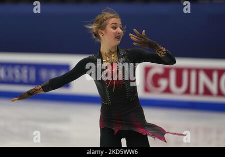 Olga Mikutina aus Österreich während des Frauen-Kurzprogramms in der Sud de France Arena, Montpellier, Frankreich, am 23. März 2022. (Foto von Ulrik Pedersen/NurPhoto) Stockfoto