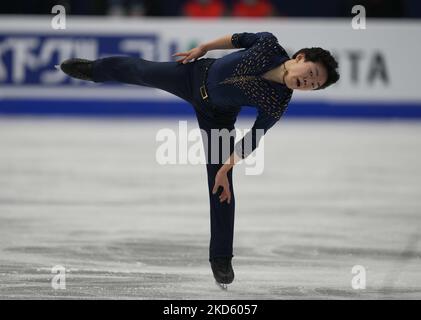 Yuma Kagiyama aus Japan während des Mens Short Program, in der Sud de France Arena, Montpellier, Frankreich, am 24. März 2022. (Foto von Ulrik Pedersen/NurPhoto) Stockfoto