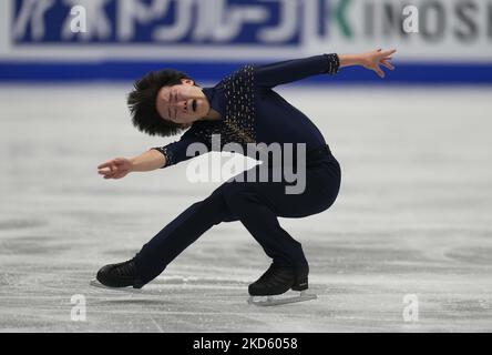 Yuma Kagiyama aus Japan während des Mens Short Program, in der Sud de France Arena, Montpellier, Frankreich, am 24. März 2022. (Foto von Ulrik Pedersen/NurPhoto) Stockfoto