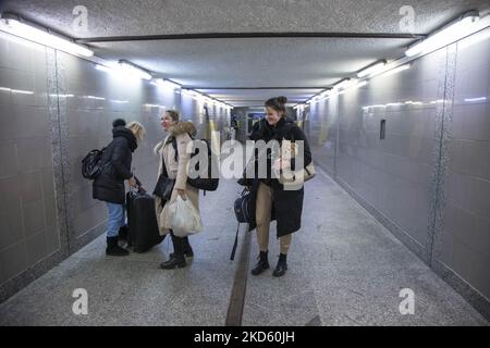 Frau mit Hund, Ukrainer, die gerade in Przemysl angekommen sind, werden mit ihren Haustieren gesehen. Flüchtlinge aus der Ukraine kommen in der Nacht mit dem Zug nach Polen. Zivilisten aus der Ukraine, die am Bahnhof aus dem Land geflohen sind, melden sich an und reisen dann weiter nach Polen und Europa, während ihnen Freiwillige, polnische Streitkräfte und NGOs helfen. Flüchtlinge, die nach der russischen Invasion aus der Ukraine fliehen, werden im Bahnhof Przemysl gesehen, der den Zug aussteigt, um weiter nach Polen oder anderen europäischen Ländern zu gelangen. Die Menschen kommen aus Medyka - Shehyni Grenzübergang, wo die meisten von ihnen überqueren die Stockfoto