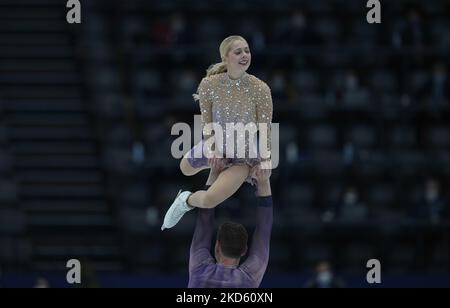 Wolrd siegt am 24. März 2022 in der Sud de France Arena in Montpellier, Frankreich, beim Pairs Free Skating gegen Alexa Knierim und Brandon Frazier aus den Vereinigten Staaten von Amerika. (Foto von Ulrik Pedersen/NurPhoto) Stockfoto