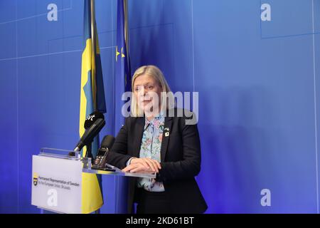 Die schwedische Premierministerin Magdalena Andersson hat am 24. März 2022 im Anschluss an das Treffen eine Pressekonferenz in Brüssel, Belgien, abgehalten. (Foto von Nicolas Economou/NurPhoto) Stockfoto