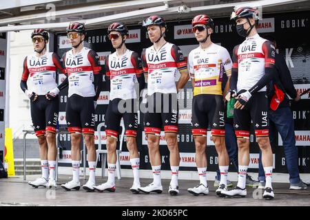 VAE Team Emirates Joao Almeida, Rui Costa, George Bennett, Juan Sebastian Benavides, Juan Ayuso, Manuel Alves und Marc Soler während der 101. Volta Ciclista a Catalunya 2022, Etappe 7 von Barcelona nach Barcelona. Am 27. März 2022 in Barcelona, Spanien. (Foto von Xavier Bonilla/NurPhoto) Stockfoto