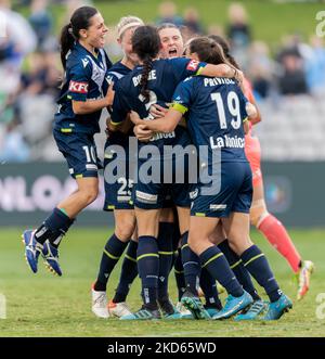 Melbourne Victory feiert das Tor beim A-League Womens Grand Final zwischen dem Sydney FC und Melbourne Victory im Netstrata Jubilee Stadium am 27. März 2022 in Sydney, Australien. (Foto von Izhar Khan/NurPhoto) Stockfoto