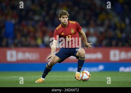 Marcos Alonso (FC Chelsea) aus Spanien in Aktion beim internationalen Freundschaftsspiel zwischen Spanien und Albanien im RCDE-Stadion am 26. März 2022 in Barcelona, Spanien. (Foto von Jose Breton/Pics Action/NurPhoto) Stockfoto