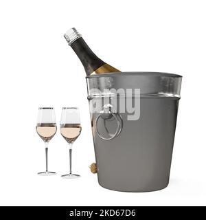 Ein silberner Eiskübel mit einer Flasche Champagner und auf weißem Hintergrund isolierten Gläsern Champagner Stockfoto