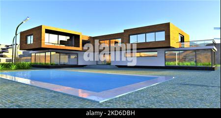 Natürliche Granit gepflasterte Terrasse um einen stilvollen Pool mit verjüngenden Mineralwasser im Hinterhof eines futuristischen Vorstadthauses in einem Öko-freundlichen gebaut Stockfoto