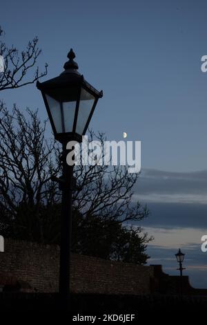 Silbriger Mond und altmodische Lampenpfosten mit blattlosen Bäumen und dunkelblauem Himmel im Hintergrund Stockfoto