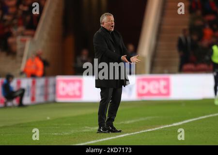 Middlesbrough-Manager Chris Wilder während des Sky Bet Championship-Spiels zwischen Middlesbrough und Fulham im Riverside Stadium, Middlesbrough, am Mittwoch, den 6.. April 2022. (Foto von Mark Fletcher/MI News/NurPhoto) Stockfoto