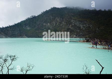 Blick über den weißen Krater-See von kawah putih in West Java, Indonesien an einem bewölkten Tag in weißlicher grüner Farbe Stockfoto