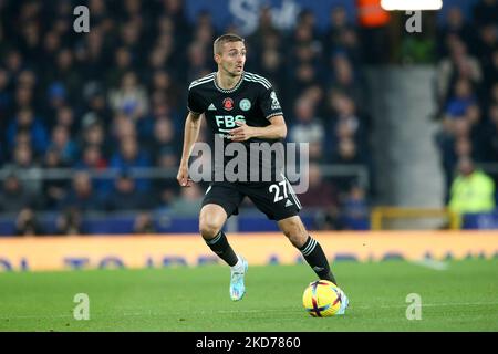 Everton, Großbritannien. 05.. November 2022. Timothy Castagne von Leicester City in Aktion. Spiel der Premier League, Everton gegen Leicester City im Goodison Park in Liverpool am Samstag, 5.. November 2022. Dieses Bild darf nur für redaktionelle Zwecke verwendet werden. Nur zur redaktionellen Verwendung, Lizenz für kommerzielle Nutzung erforderlich. Keine Verwendung in Wetten, Spielen oder einem einzigen Club / Liga / Spieler Publikationen. PIC von Chris Stading / Andrew Orchard Sport Fotografie / Alamy Live News Kredit: Andrew Orchard Sport Fotografie / Alamy Live News Stockfoto