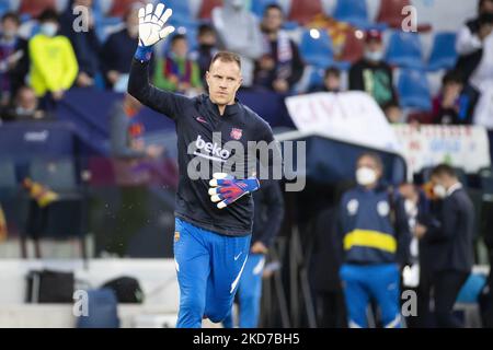 FC Barcelonas Torwart Marc-Andre Ter Stegen vor dem Ligaspiel zwischen Levante UD und FC Barcelona am 10. April 2022 im Stadion Ciutat de Valencia. (Foto von Jose Miguel Fernandez/NurPhoto) Stockfoto