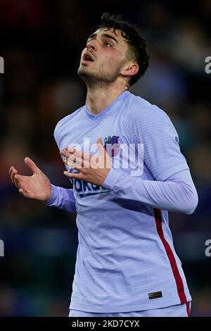 Pedri vom FC Barcelona reagiert während des La Liga Santander-Spiels zwischen Levante UD und FC Barcelona im Stadion Ciutat de Valencia, 10. April 2022, Valencia, Spanien. (Foto von David Aliaga/NurPhoto) Stockfoto