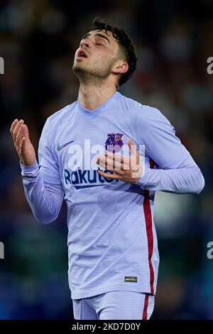 Pedri vom FC Barcelona reagiert während des La Liga Santander-Spiels zwischen Levante UD und FC Barcelona im Stadion Ciutat de Valencia, 10. April 2022, Valencia, Spanien. (Foto von David Aliaga/NurPhoto) Stockfoto