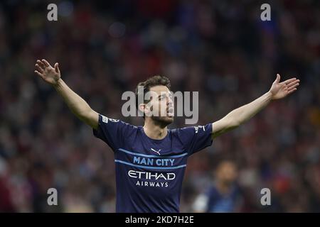 Bernardo Silva von Manchester City reagiert während des UEFA Champions League Quarter Final Leg Two-Spiels zwischen Atletico Madrid und Manchester City am 13. April 2022 in Wanda Metropolitano in Madrid, Spanien. (Foto von Jose Breton/Pics Action/NurPhoto) Stockfoto