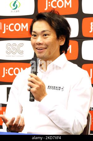 Saitama, Japan. 5.. November 2022. Die Titelverteidigerin Yukiya Arashiro aus Japan spricht einen Tag vor dem Saitama-Kriterium der Tour de France in Saitama, einem Vorort von Tokio, am Samstag, dem 5. November 2022, auf einer Pressekonferenz. Quelle: Yoshio Tsunoda/AFLO/Alamy Live News Stockfoto