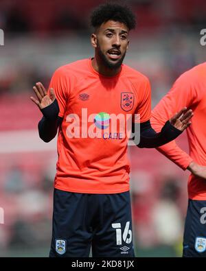 Sorba Thomas von Huddersfield Town während des Sky Bet Championship-Spiels zwischen Middlesbrough und Huddersfield Town am Montag, den 18.. April 2022 im Riverside Stadium, Middlesbrough. (Foto von Mark Fletcher/MI News/NurPhoto) Stockfoto