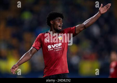 Thierry Rendall Correia von der CF Valencia reagiert während des La Liga Santander-Spiels zwischen CF Villarreal und CF Valencia im Estadio de la Ceramica, 19. April 2022, Villarreal, Spanien. (Foto von David Aliaga/NurPhoto) Stockfoto