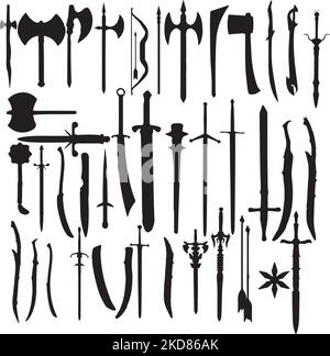 Eine digitale Illustration mit Silhouetten verschiedener Waffen auf weißem Hintergrund Stock Vektor