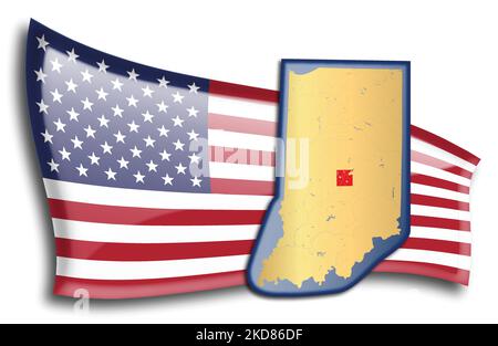 US-Bundesstaaten - Karte von Indiana gegen eine amerikanische Flagge. Flüsse und Seen werden auf der Karte angezeigt. American Flag und State Map können separat und e verwendet werden Stock Vektor