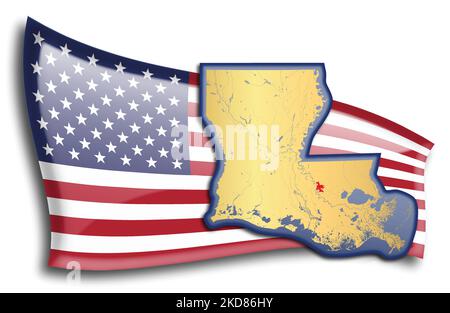 US-Bundesstaaten - Karte von Louisiana gegen eine amerikanische Flagge. Flüsse und Seen werden auf der Karte angezeigt. American Flag und State Map können separat und verwendet werden Stock Vektor