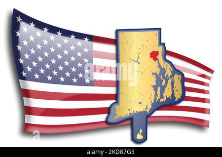 US-Staaten - Karte von Rhode Island gegen eine amerikanische Flagge. Flüsse und Seen werden auf der Karte angezeigt. American Flag und State Map können separat verwendet werden Stock Vektor