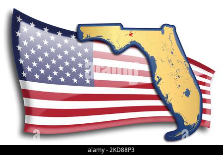 US-Bundesstaaten - Karte von Florida gegen eine amerikanische Flagge. Flüsse und Seen werden auf der Karte angezeigt. American Flag und State Map können separat und e verwendet werden Stock Vektor