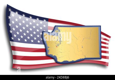 US-Bundesstaaten - Karte von Washington gegen eine amerikanische Flagge. Flüsse und Seen werden auf der Karte angezeigt. American Flag und State Map können separat und verwendet werden Stock Vektor