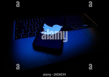 Das Twitter-Logo, das auf einem Telefonbildschirm und einer Tastatur angezeigt wird, ist auf diesem Bild zu sehen, das am 26. April 2022 in Krakau, Polen, aufgenommen wurde. (Foto-Illustration von Jakub Porzycki/NurPhoto) Stockfoto