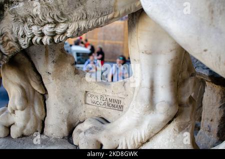 Nahaufnahme einer Löwenstatue in der Loggia della Signoria, Florenz, Italien Stockfoto