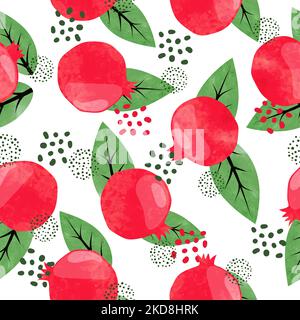 Nahtloses Granatapfel-Muster. Vektor Aquarell Illustration mit Granatapfel Früchte und Blätter. Stock Vektor