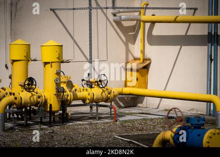 Am 28. April 2022 ist eine Gasanlage an einer Gaz-System-Station in Karczew, außerhalb von Warschau, Polen, abgebildet (Foto: Mateusz Wlodarczyk/NurPhoto) Stockfoto