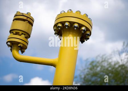 Am 28. April 2022 ist eine Gasanlage an einer Gaz-System-Station in Karczew, außerhalb von Warschau, Polen, abgebildet (Foto: Mateusz Wlodarczyk/NurPhoto) Stockfoto