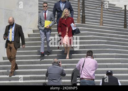 Die US-Vertreterin Marjorie Taylor Greene (R-GA) kommt heute am 28. April 2022 zu einer Pressekonferenz über den Kauf von Twitter durch Elon Musks und ihre Vision von Free Speech Online im House Triangle/Capitol Hill in Washington DC, USA. (Foto von Lenin Nolly/NurPhoto) Stockfoto