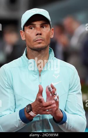 Rafael Nadal nimmt an seiner Pressekonferenz während der Mutua Madrid Open 2022 Teil, die am 04. Mai 2022 in La Caja Magica in Madrid, Spanien, gefeiert wurde. (Foto von Oscar Gonzalez/NurPhoto) Stockfoto