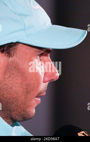 Rafael Nadal nimmt an seiner Pressekonferenz während der Mutua Madrid Open 2022 Teil, die am 04. Mai 2022 in La Caja Magica in Madrid, Spanien, gefeiert wurde. (Foto von Oscar Gonzalez/NurPhoto) Stockfoto