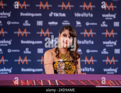 Sterenn Diridollou von der AHEZ-Band Alvan &amp; Ahez (Fulenn) Frankreich während des Eurovision Song Contest 2022, einer Künstler-Pressekonferenz, am 05. Mai 2022 im Pala Alpitour in Turin, Italien. (Foto von Nderim Kaceli/LiveMedia/NurPhoto) Stockfoto