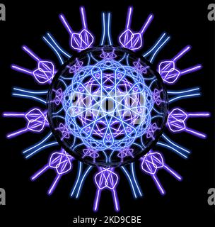 Eine abstrakte 2D-Darstellung mit einem komplexen Netzwerk aus leuchtend blauen und lila verflochtenen Linien und Formen auf dunklem Hintergrund Stock Vektor