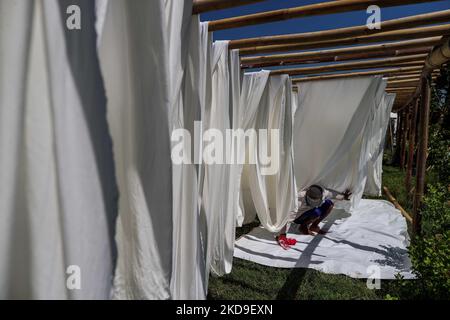 Ein Arbeiter hängt ein Tuch, um an der Sonne neben Häusern zu trocknen, die vom steigenden Meeresspiegel umgeben sind, im niedrig gelegenen Jeruk Sari-Viertel an der Küste von Pekalongan, Zentral-Java, Indonesien, 5. Juni 2021. Ein Gebiet, in dem fast jeder verfügbare Raum für die Batikproduktion genutzt wird, mit einem hohen Armutsniveau, das sowohl durch den steigenden Meeresspiegel als auch durch hohe Flussspitzenströme gefährdet ist. Sie hängen und waschen an einem verschmutzten Fluss, um traditionelles javanesisches Textil namens Batik zu verarbeiten. Batik ist eine traditionelle indonesische Methode zur Verwendung von Wachs, um wasserbasierten Farbstoffen zu widerstehen, um Muster und Zeichnungen auf Stoff darzustellen. Im Herzen der Stockfoto