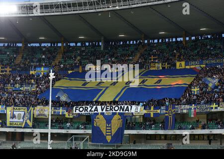 Fans des FC Hellas Verona während des spiels der italienischen Fußballserie A des FC Hellas Verona gegen den AC Mailand am 08. Mai 2022 im Marcantonio Bentegodi-Stadion in Verona, Italien (Foto: Francesco Scaccianoce/LiveMedia/NurPhoto) Stockfoto