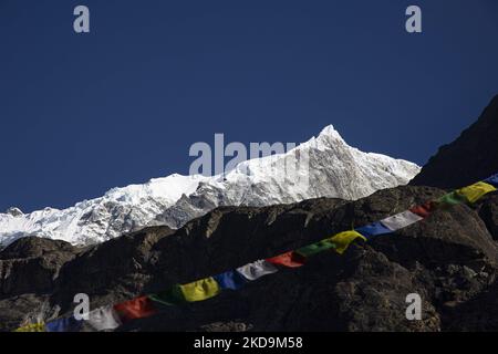 Tibetisch - buddhistische religiöse Gebetsfahne zusammen mit dem Langtang Lirung Gipfel. Langtang Lirung Peak aus Sicht des Dorfes Langtang, Teil des Langtang Himal Berges in Nepal mit dem höchsten Punkt in einer Höhe von 7234m oder 23734 Fuß. Der Langtang Lirung ist der 99. höchste Berg der Welt und wurde 1978 zum ersten Mal erreicht. Am 25. April 2015 führte ein massives Erdbeben der Stärke 7,8 zu einer Lawine und einem Erdrutsch im Dorf Langtang, bei dem direkt 243 Menschen getötet und das Dorf verschwungen wurden. Der Langtang National Park ist ein beliebtes Trekking- und Reiseland für ausländische Wanderer Stockfoto