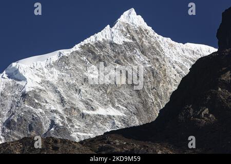 Langtang Lirung Peak aus Sicht des Dorfes Langtang, Teil des Langtang Himal Berges in Nepal mit dem höchsten Punkt in einer Höhe von 7234m oder 23734 Fuß. Der Langtang Lirung ist der 99. höchste Berg der Welt und wurde 1978 zum ersten Mal erreicht. Am 25. April 2015 führte ein massives Erdbeben der Stärke 7,8 zu einer Lawine und einem Erdrutsch im Dorf Langtang, bei dem direkt 243 Menschen getötet und das Dorf verschwungen wurden. Der Langtang National Park ist ein beliebtes Trekking- und Reiseland für ausländische Wanderer und Einheimische. Die Bewohner des Dorfes sind Tamang-Tibeter mit Ursprung in T Stockfoto